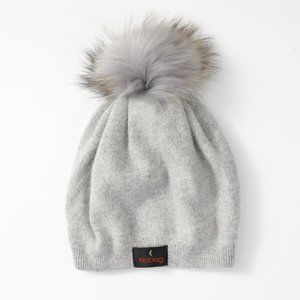 Noblag Women’s Beanies Light Grey Slouchy Raccoon Fur Pom